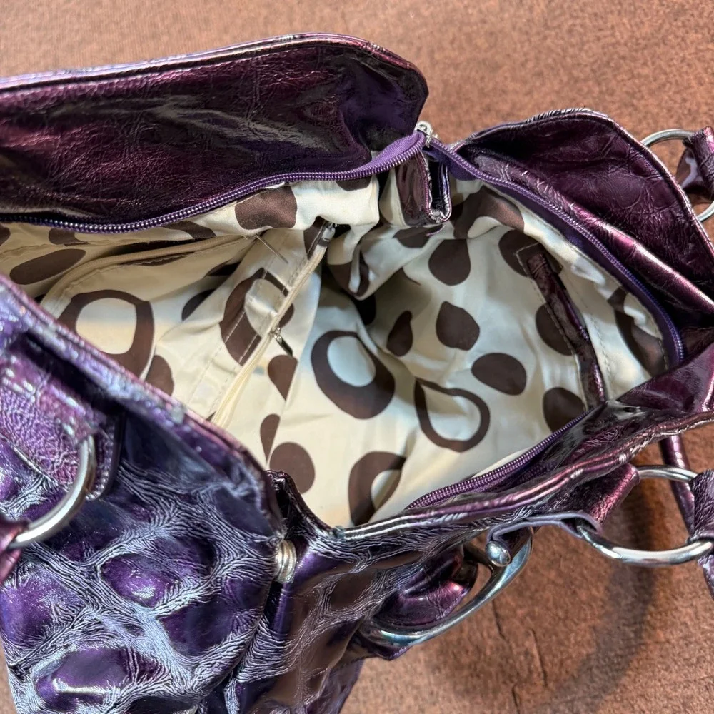 B- Purple Metallic Faux Croc Embossed Satchel Handbag Silver Hardware Top Handle